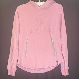Ariat equestrian girl’s pink and grey riding hoodie.